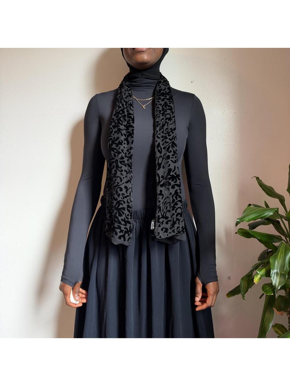 90s Cejon Black Silk Velvet Burnout Whimsigoth Scarf Neck Wrap